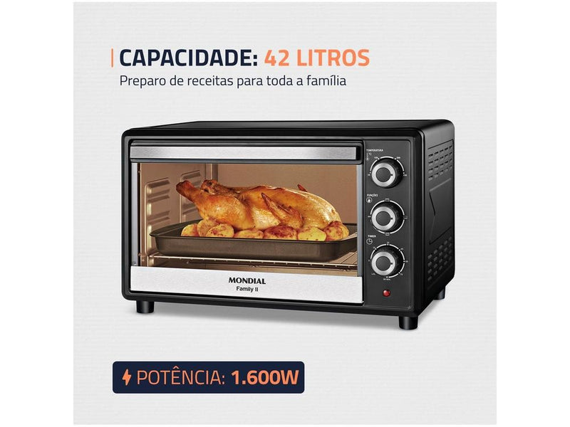 Forno Elétrico de Bancada Mondial Multifuncional 42L Preto e Prata Grand Family