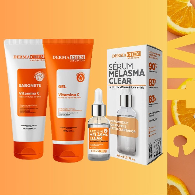 Kit 3 Skincare  (Sérum Melasma Clear + Sabonete Facial Vitamina C + Gel Anti-Idade Vitamina C)